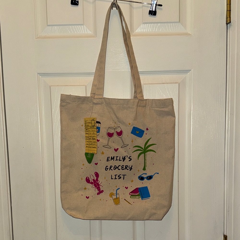Emily Henry Out of Print Tan Tote Bag with Colorful Design